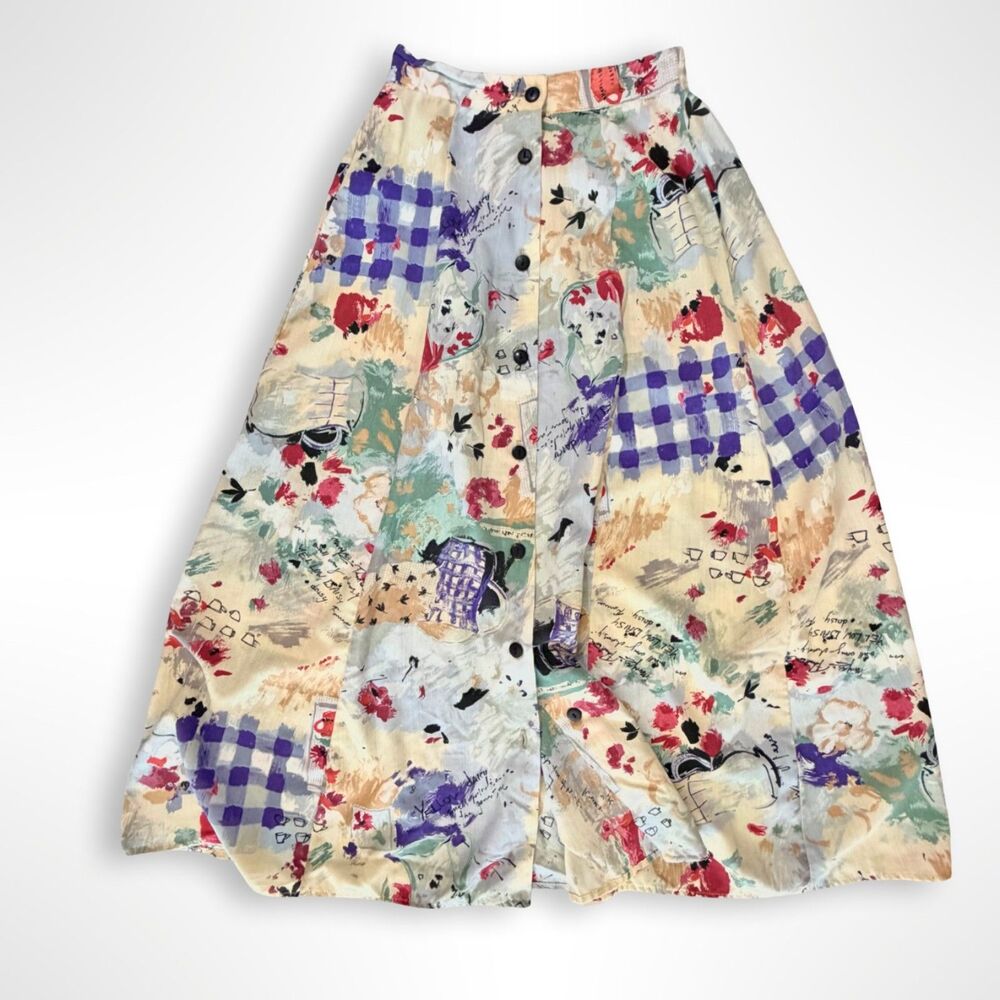 VTG 90s Eclectic Patchwork Print, Button Midi Skirt, S Whimsigoth Cottagecore